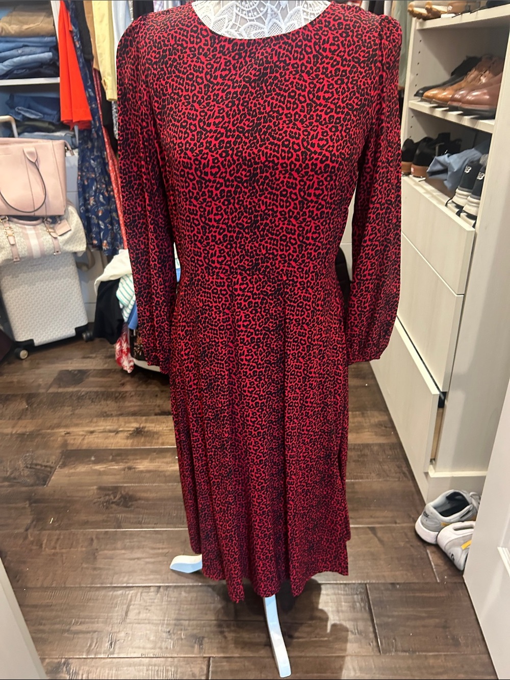 Red Leopard Print Long Sleeve Midi Dress